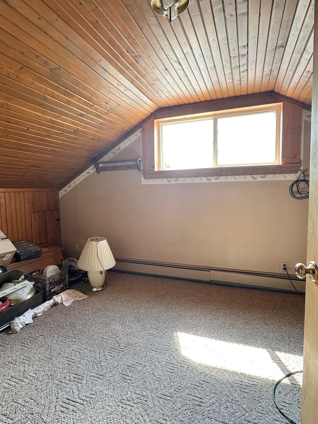 9548 Sharp Rd, Clifford, MI 48727 - bonus room featuring vaulted ceiling, carpet floors, wooden ceiling, and baseboard heating
