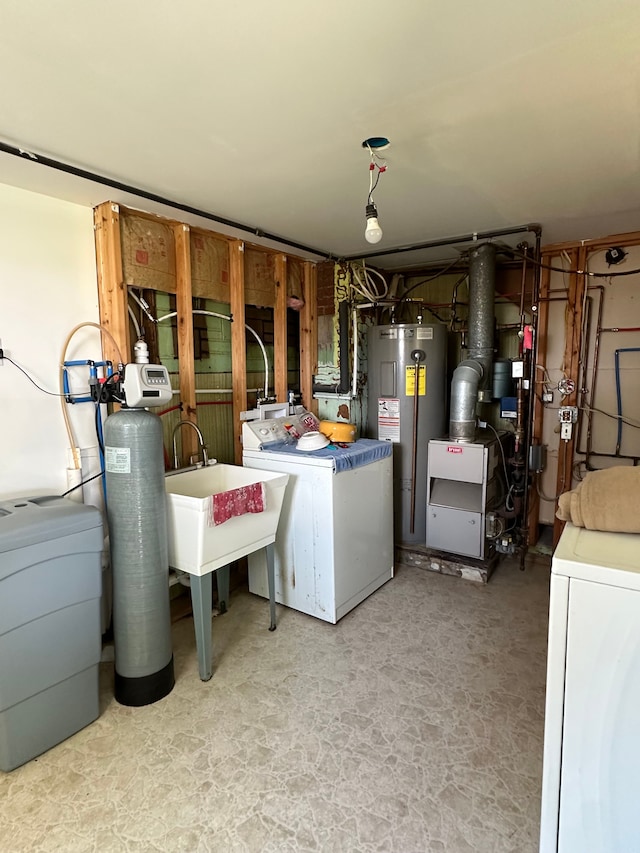 9548 Sharp Rd, Clifford, MI 48727 - utilities featuring water heater, washer and clothes dryer, a sink, and a heating unit