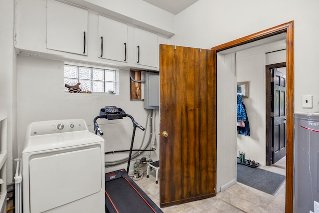 22019 Violet St, Saint Clair Shores, MI 48082 - laundry room featuring washer / dryer, cabinet space, water heater, and electric panel