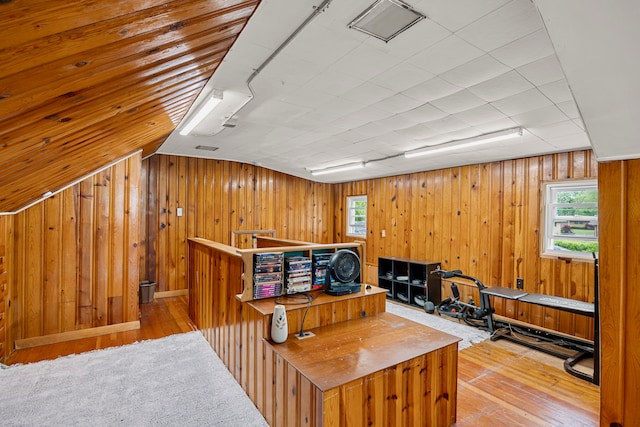 22019 Violet St, Saint Clair Shores, MI 48082 - office featuring hardwood / wood-style flooring, wood walls, and vaulted ceiling