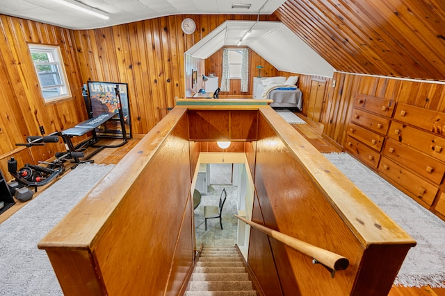 22019 Violet St, Saint Clair Shores, MI 48082 - stairs featuring lofted ceiling and wood walls