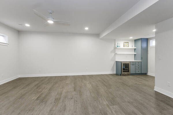 4108 Chippewa Trl, New Buffalo, MI 49117 - basement featuring wood finished floors, baseboards, recessed lighting, ceiling fan, and wine cooler