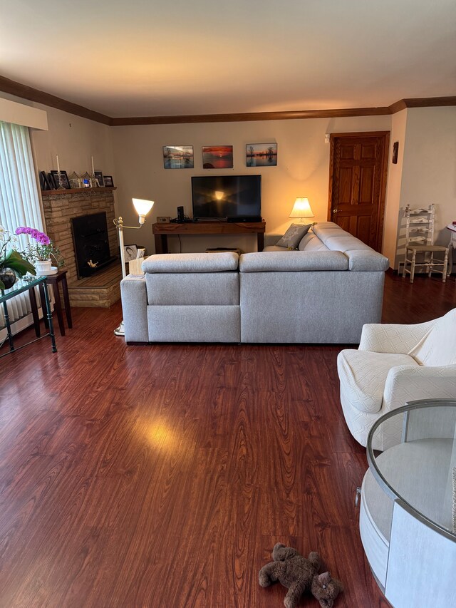 2071 N Belsay Rd, Burton, MI 48509 - living room featuring dark wood-style floors, ornamental molding, and a fireplace with raised hearth