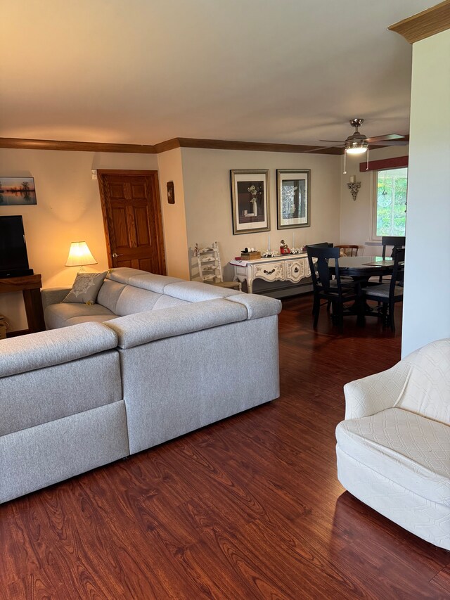 2071 N Belsay Rd, Burton, MI 48509 - living room with ceiling fan, wood finished floors, and crown molding