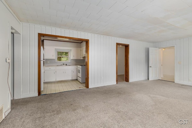 1001 Kelsey Ave, Lansing, MI 48910 - unfurnished bedroom featuring light carpet, a sink, ensuite bath, freestanding refrigerator, and wooden walls