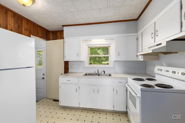 1001 Kelsey Ave, Lansing, MI 48910 - kitchen with white appliances, under cabinet range hood, a sink, white cabinets, and crown molding