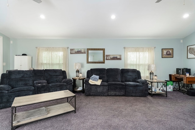 carpeted living area featuring a ceiling fan and recessed lighting
