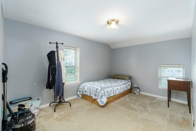 carpeted bedroom with baseboards and lofted ceiling