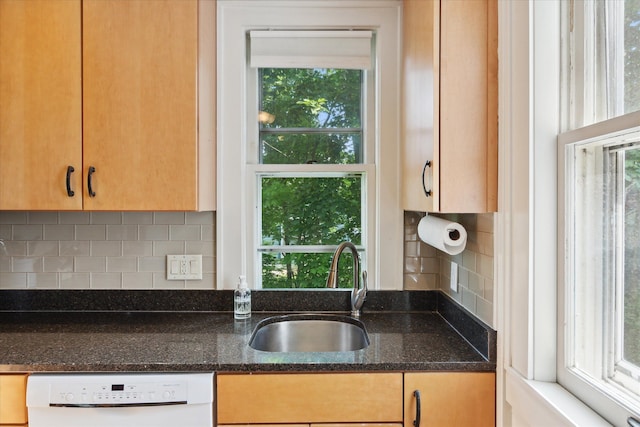 314 W Madison St, Ann Arbor, MI 48103 - kitchen featuring dishwasher, a sink, dark stone countertops, and backsplash