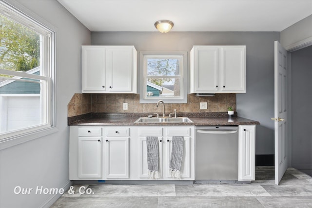700 Scheurmann St, Essexville, MI 48732 - kitchen featuring stainless steel dishwasher, a sink, dark countertops, and decorative backsplash