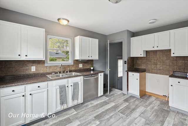 700 Scheurmann St, Essexville, MI 48732 - kitchen featuring dishwasher, a sink, white cabinetry, and backsplash