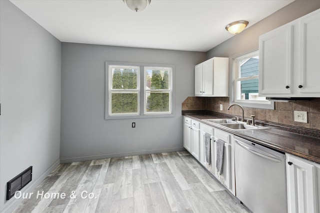 700 Scheurmann St, Essexville, MI 48732 - kitchen featuring stainless steel dishwasher, dark countertops, a sink, white cabinetry, and backsplash