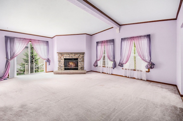 100 Chinkapin Rill, Fenton, MI 48430 - unfurnished living room with carpet floors, baseboards, ornamental molding, and a stone fireplace