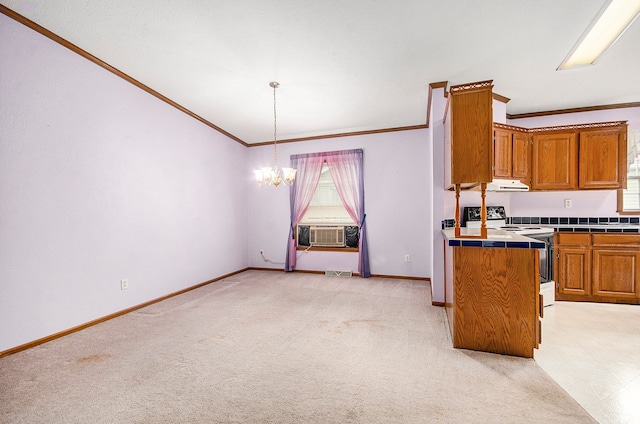 100 Chinkapin Rill, Fenton, MI 48430 - kitchen with tile counters, crown molding, range with electric cooktop, brown cabinets, and a chandelier