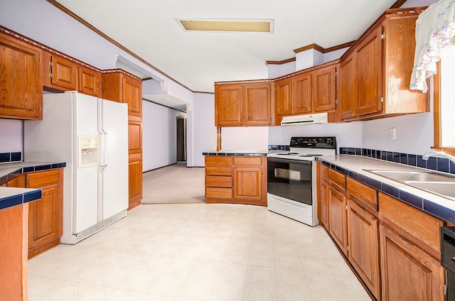 100 Chinkapin Rill, Fenton, MI 48430 - kitchen featuring range with electric stovetop, white fridge with ice dispenser, a sink, brown cabinetry, and crown molding