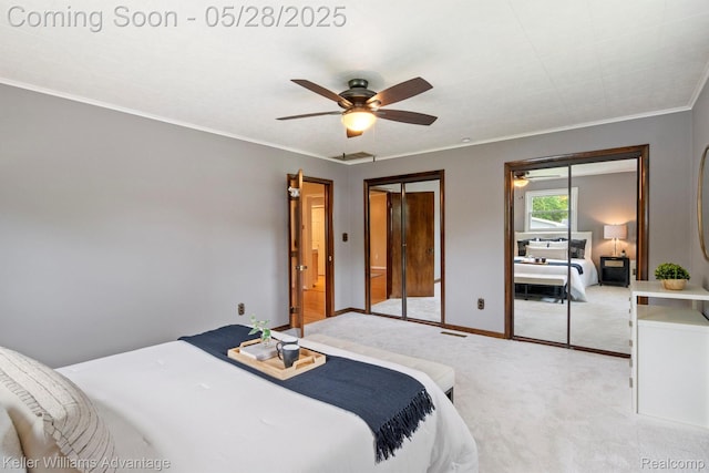 40755 Judd Rd, Belleville, MI 48111 - carpeted bedroom featuring multiple closets, crown molding, ceiling fan, and baseboards