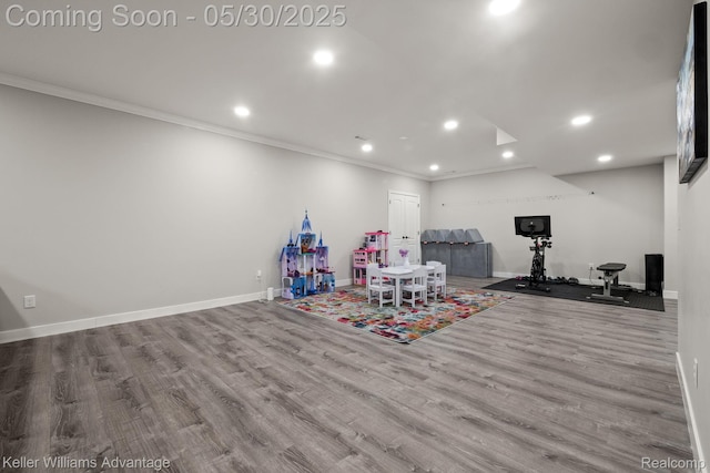 41740 Steinbeck Gln, Novi, MI 48377 - rec room featuring recessed lighting, wood finished floors, crown molding, and baseboards