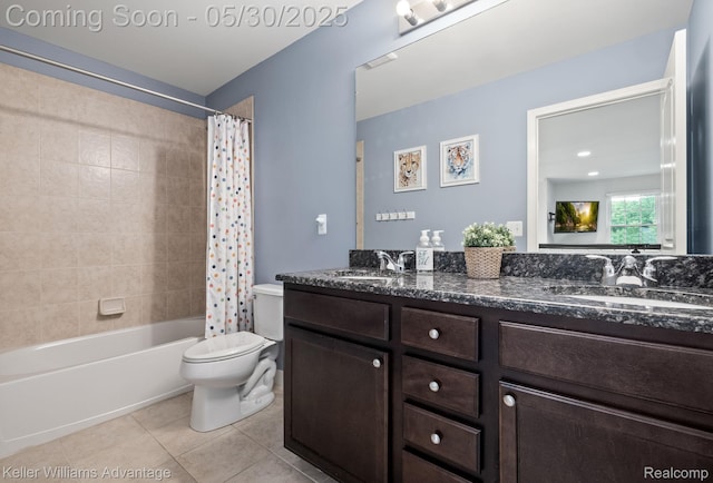 41740 Steinbeck Gln, Novi, MI 48377 - bathroom featuring tile patterned floors, double vanity, toilet, and shower / tub combo with curtain