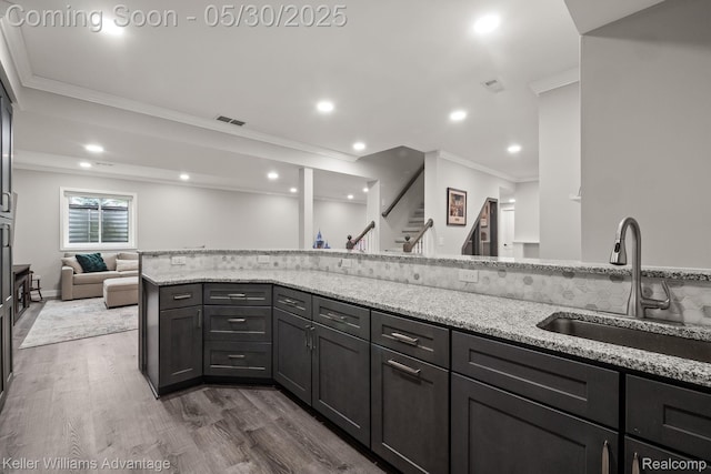 41740 Steinbeck Gln, Novi, MI 48377 - kitchen featuring a sink, ornamental molding, open floor plan, light stone counters, and dark wood finished floors