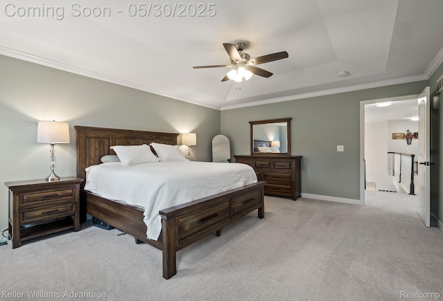 41740 Steinbeck Gln, Novi, MI 48377 - bedroom with light colored carpet, a raised ceiling, crown molding, a ceiling fan, and baseboards