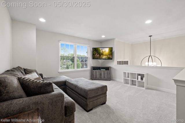 41740 Steinbeck Gln, Novi, MI 48377 - carpeted living room with recessed lighting, a chandelier, and baseboards