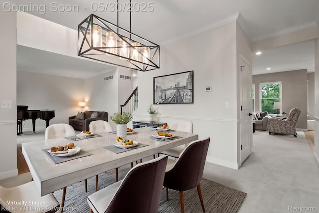 41740 Steinbeck Gln, Novi, MI 48377 - dining space with stairway, baseboards, crown molding, a chandelier, and recessed lighting