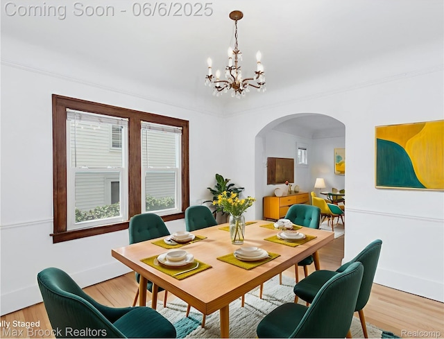 1215 Irving Ave, Royal Oak, MI 48067 - dining room with arched walkways, a chandelier, light wood-type flooring, and baseboards