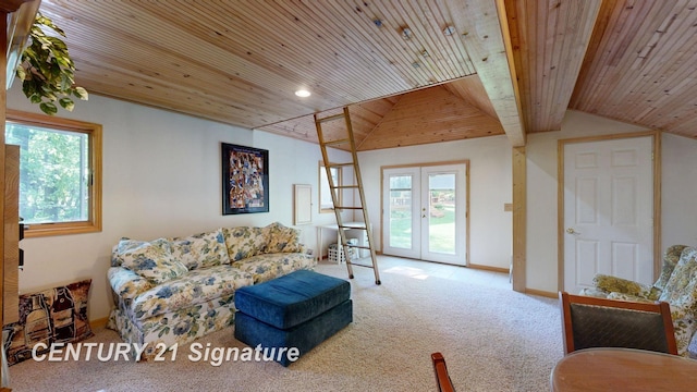 living room with wooden ceiling, carpet, lofted ceiling, french doors, and recessed lighting