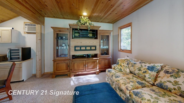 living room featuring wooden ceiling, light colored carpet, and an AC wall unit