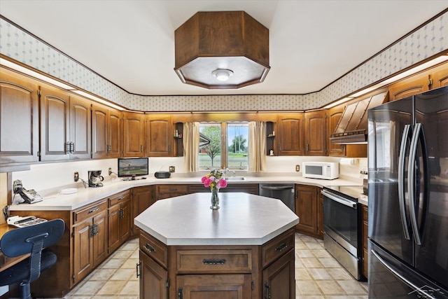 280 E Nebobish Rd, Essexville, MI 48732 - kitchen featuring stainless steel appliances, light countertops, a center island, open shelves, and a sink