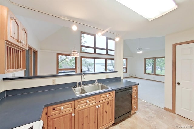 8844 Riverside Dr, Brighton, MI 48116 - kitchen featuring black dishwasher, a sink, dark countertops, rail lighting, and lofted ceiling