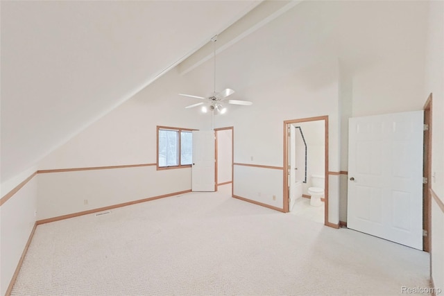 8844 Riverside Dr, Brighton, MI 48116 - bonus room featuring ceiling fan, light carpet, baseboards, and high vaulted ceiling