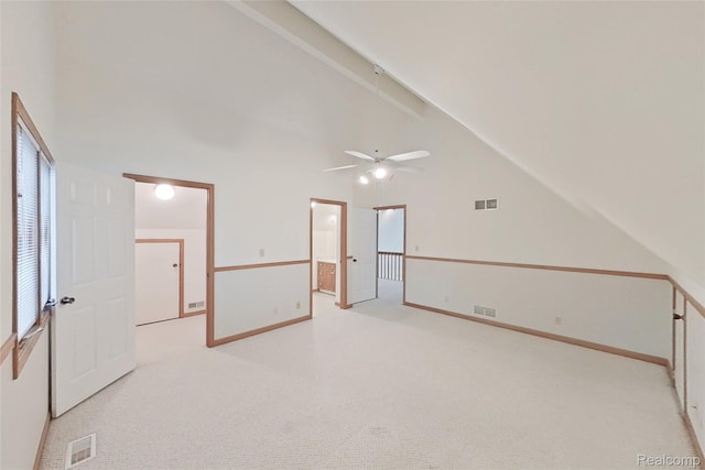 8844 Riverside Dr, Brighton, MI 48116 - unfurnished room with a ceiling fan, high vaulted ceiling, carpet flooring, baseboards, and beamed ceiling