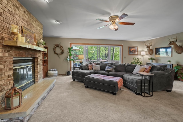 3641 Timber Ridge Dr, Metamora, MI 48455 - living room with carpet flooring, ceiling fan, and a brick fireplace