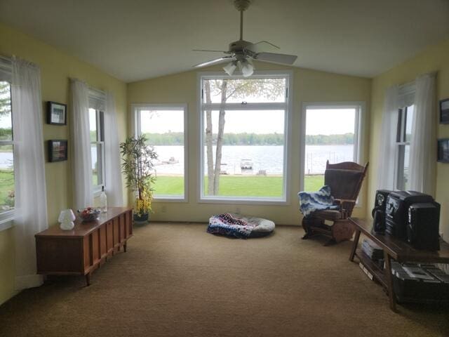 1788 W Beaver Rd, Bitely, MI 49309 - sunroom / solarium with a water view, healthy amount of natural light, lofted ceiling, and carpet flooring