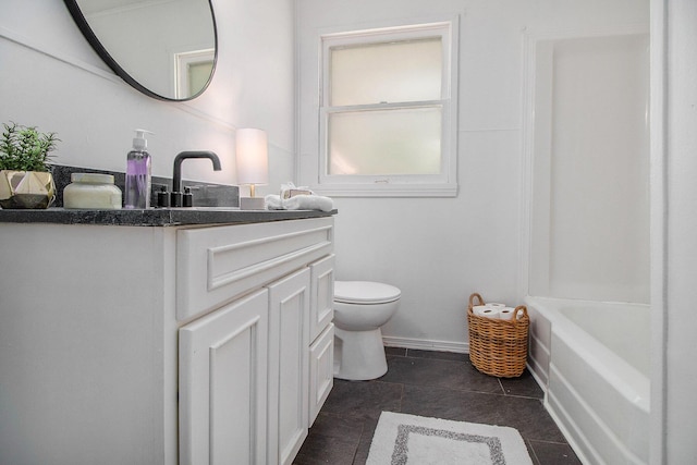 full bath with vanity, toilet, a bathtub, a shower, and tile patterned floors