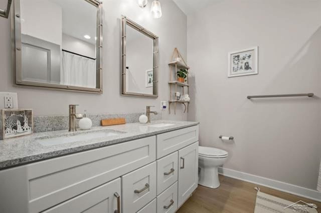 12405 Northway Pkwy, Freeland, MI 48623 - bathroom with baseboards, wood finished floors, double vanity, and toilet
