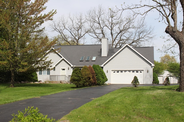 7512 Trophy Ct, Grass Lake, MI 49240 - view of front of house featuring driveway, an attached garage, a chimney, and a front lawn