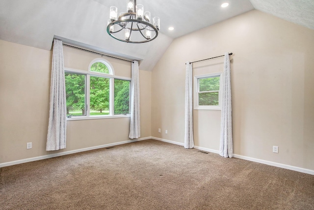 7512 Trophy Ct, Grass Lake, MI 49240 - unfurnished room featuring lofted ceiling, a chandelier, carpet flooring, plenty of natural light, and recessed lighting