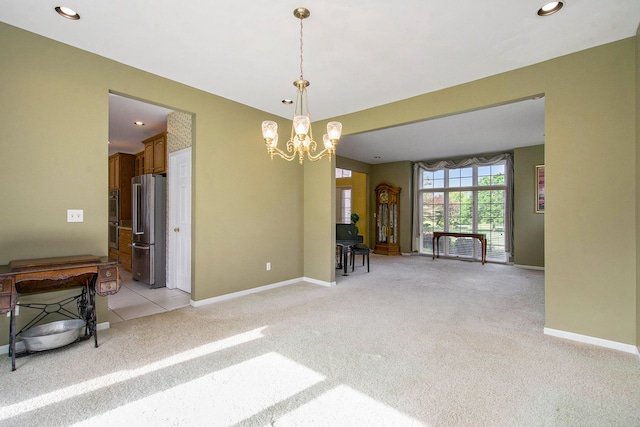 9968 Tuscany Valley Way S, Lyon, MI 48178 - dining area featuring a chandelier, light colored carpet, baseboards, and recessed lighting