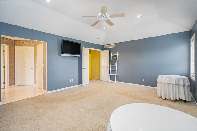 9968 Tuscany Valley Way S, Lyon, MI 48178 - unfurnished bedroom featuring carpet flooring, baseboards, lofted ceiling, recessed lighting, and ceiling fan