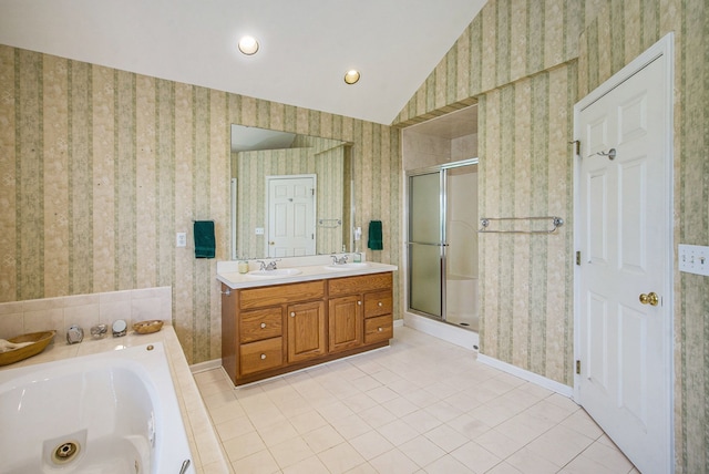 9968 Tuscany Valley Way S, Lyon, MI 48178 - full bathroom featuring wallpapered walls, tile patterned floors, a shower stall, a tub with jets, and double vanity