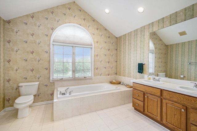 9968 Tuscany Valley Way S, Lyon, MI 48178 - bathroom with toilet, a bath, tile patterned flooring, lofted ceiling, and double vanity