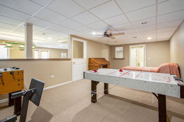 9968 Tuscany Valley Way S, Lyon, MI 48178 - game room with carpet, baseboards, a drop ceiling, a ceiling fan, and recessed lighting
