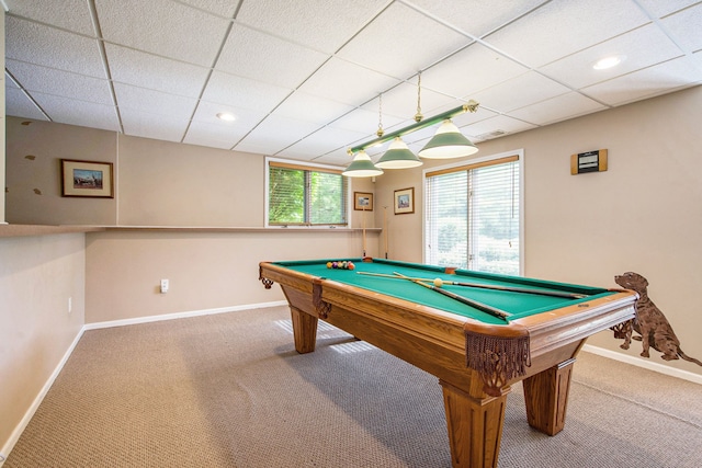 9968 Tuscany Valley Way S, Lyon, MI 48178 - playroom featuring baseboards, carpet, pool table, a paneled ceiling, and recessed lighting