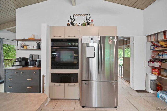 3224 Thornhill Dr, Adrian, MI 49221 - kitchen with freestanding refrigerator, oven, a warming drawer, light tile patterned floors, and open shelves