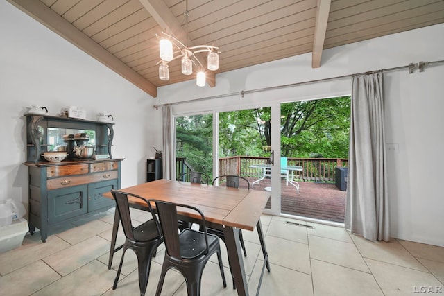 3224 Thornhill Dr, Adrian, MI 49221 - dining area with light tile patterned floors, wooden ceiling, and a chandelier