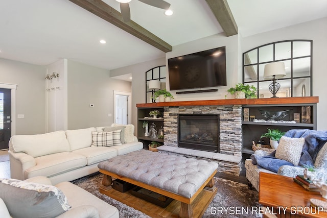 6326 Eaglewood Dr, Hudsonville, MI 49426 - living room featuring wood finished floors, beam ceiling, recessed lighting, a fireplace, and ceiling fan