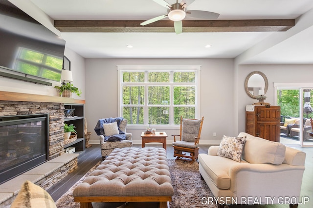 6326 Eaglewood Dr, Hudsonville, MI 49426 - living room featuring beamed ceiling, wood finished floors, a fireplace, ceiling fan, and recessed lighting