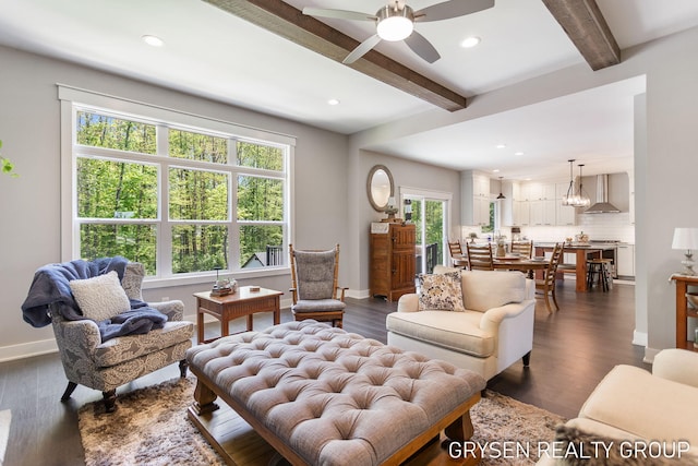 6326 Eaglewood Dr, Hudsonville, MI 49426 - living area featuring beam ceiling, a ceiling fan, recessed lighting, dark wood finished floors, and baseboards